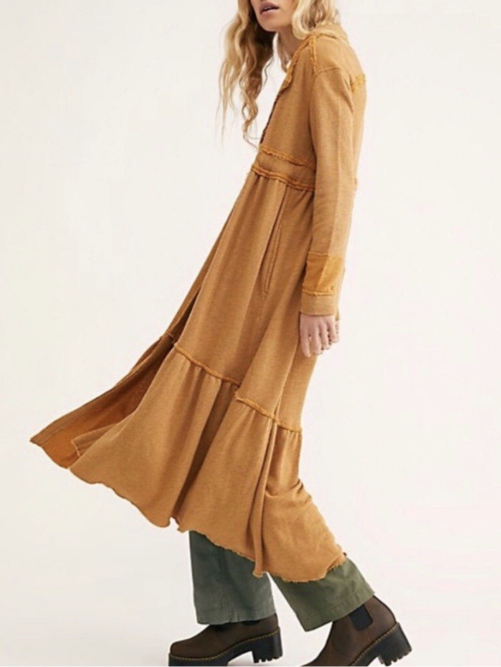 Free People Aphrodite Maxi Cardigan Sweatshirt Duster in Golden | SMALL